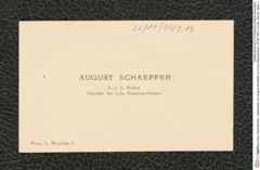 Nachlass Franz Steindachner, Visitenkarte von August Schaeffer an Franz Steindachner (19.06.1907), Inv.Nr. 442.03, Seite 1